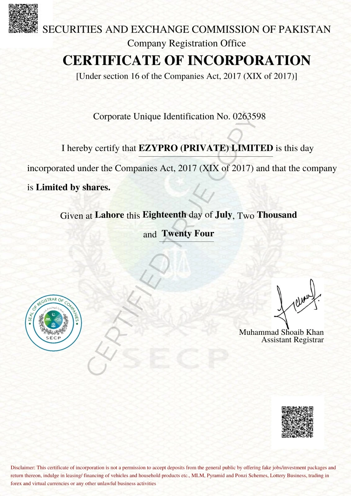 SECP-Company Certificate